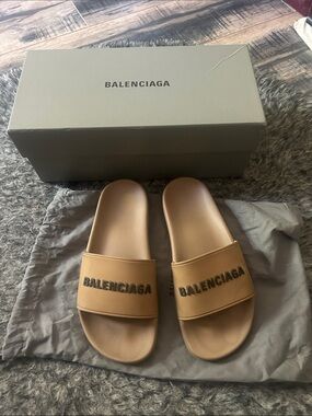Balenciaga Tan Slide Sandals with Black Logo